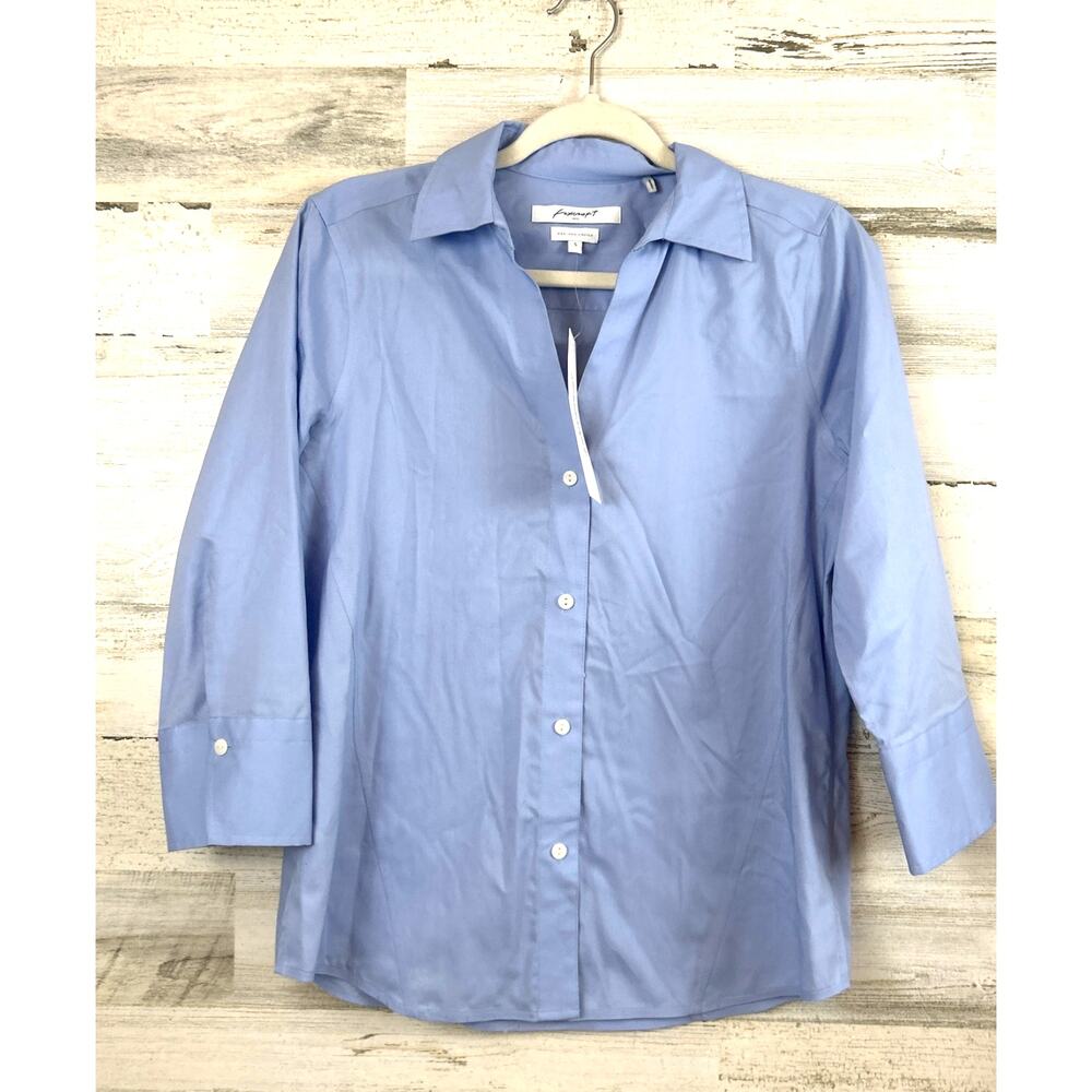 Foxcroft Womens S Blue Non-Iron Stretch Button Down Shirt 3/4 Sleeve NWT